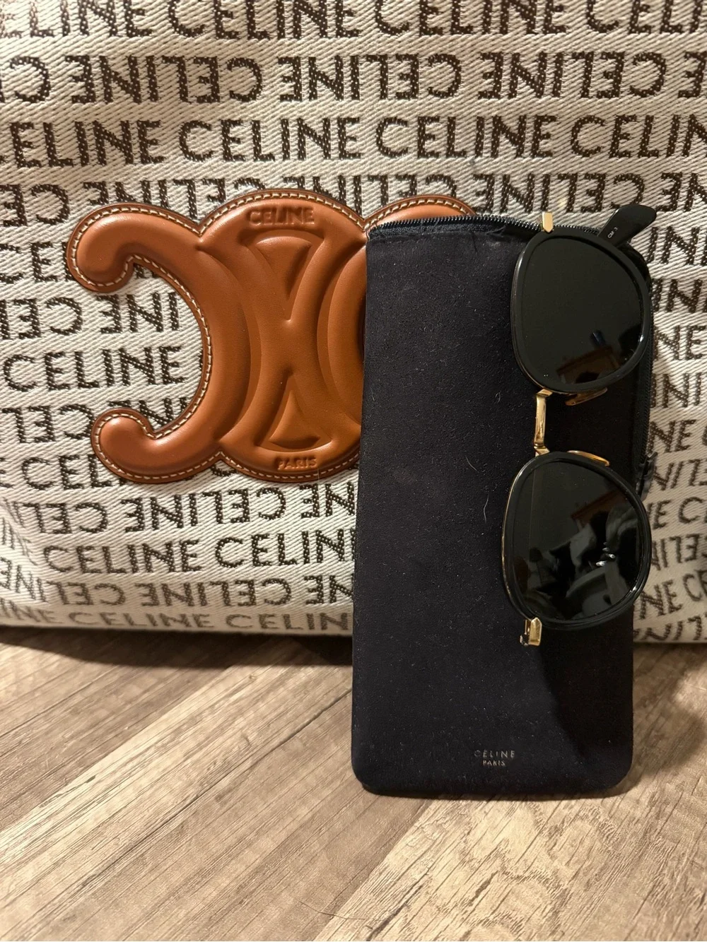 Authentic Celine Black & Gold Round Sunglasses with Black Suede Case